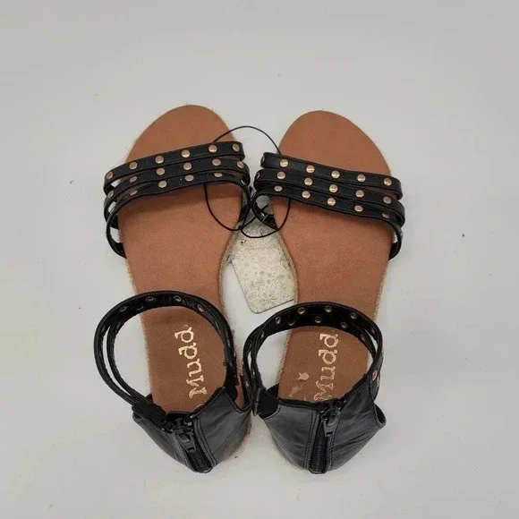 NWT Mudd Women's Studded Black Gold Ankle Zip Sandals Faux Leather Sz 8 - Picture 4 of 11